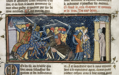 A medieval depiction of Tilleres being attacked and burnt, leading to the surrender of the Crispins' castle there.