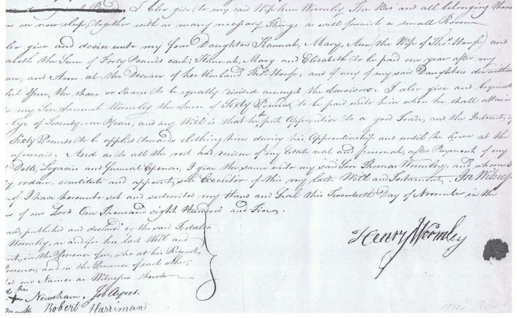 Part of Henry Wormley's will written in 1805.