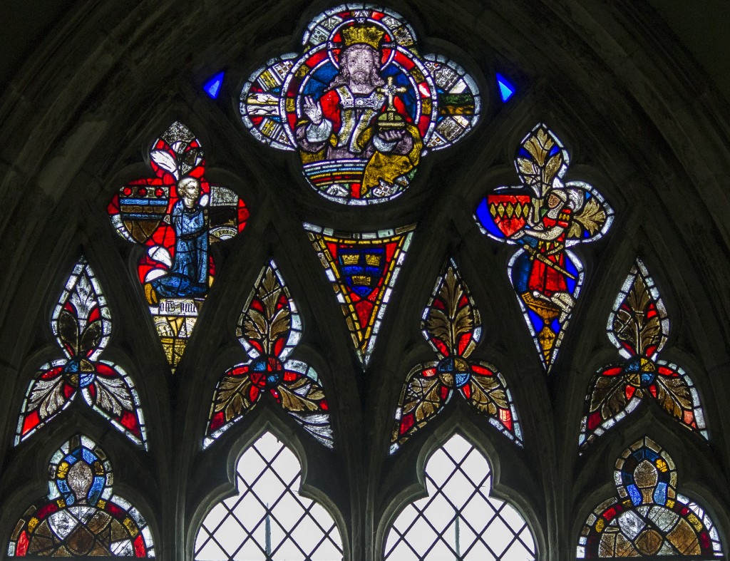 The Newmarch Window at Carlton-Scroop church in north Lincolnshire. The figure dressed as a knight on the right was Sir John de Newmarch in about 1307. Photo courtesy of J. Hannan-Briggs. Click or tap the picture to enlarge it.